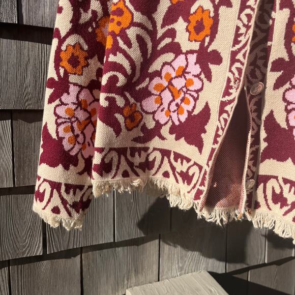 Jacket Sweater, Button Up, Orange & Maroon HIppie, Fringe, Medium, NWOT - Picture 3 of 4